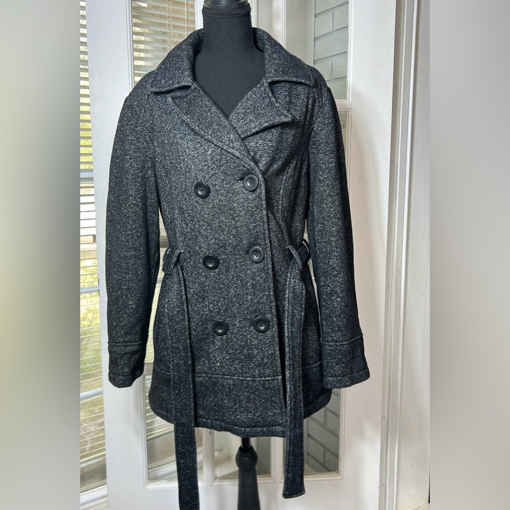 INTL details Coat Gray/Black Button Belted Pockets Mid-Length Women's L Regular - Picture 2 of 11